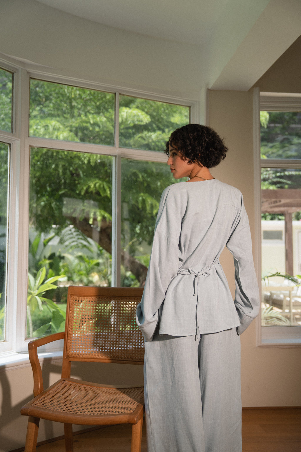 Relaxed Buttoned Linen Set in Baby Blue