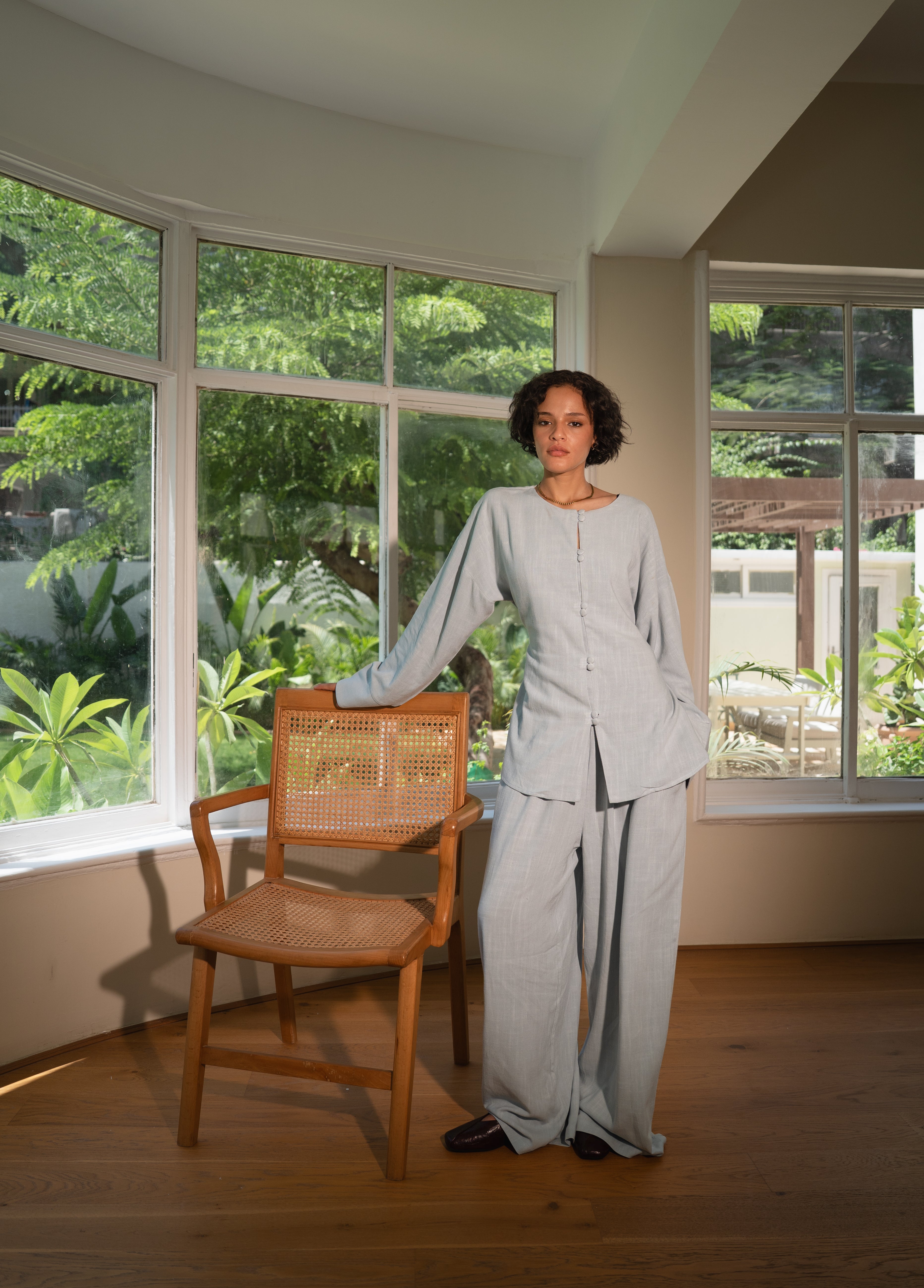 Relaxed Buttoned Linen Set in Baby Blue