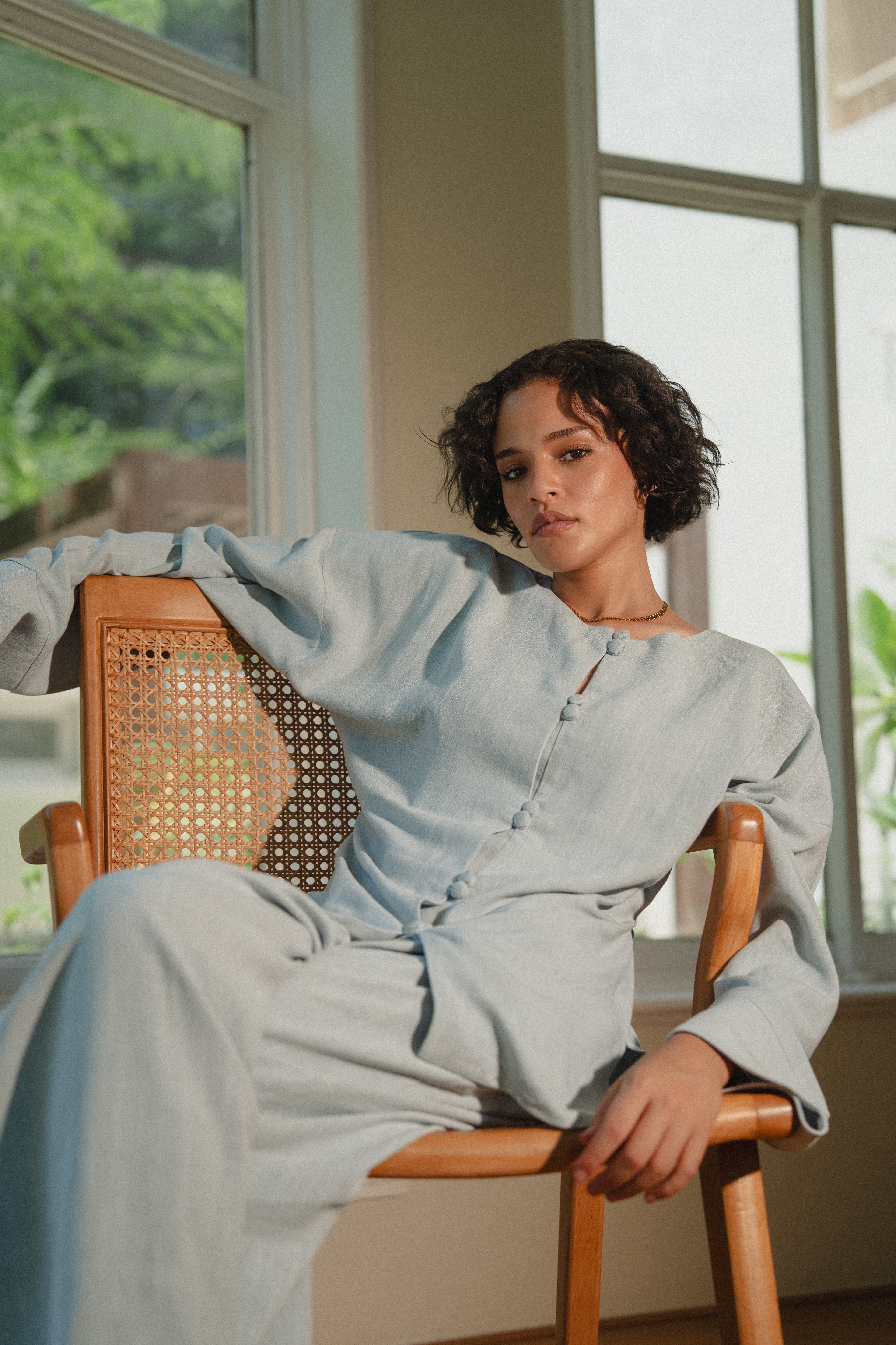 Relaxed Buttoned Linen Set in Baby Blue