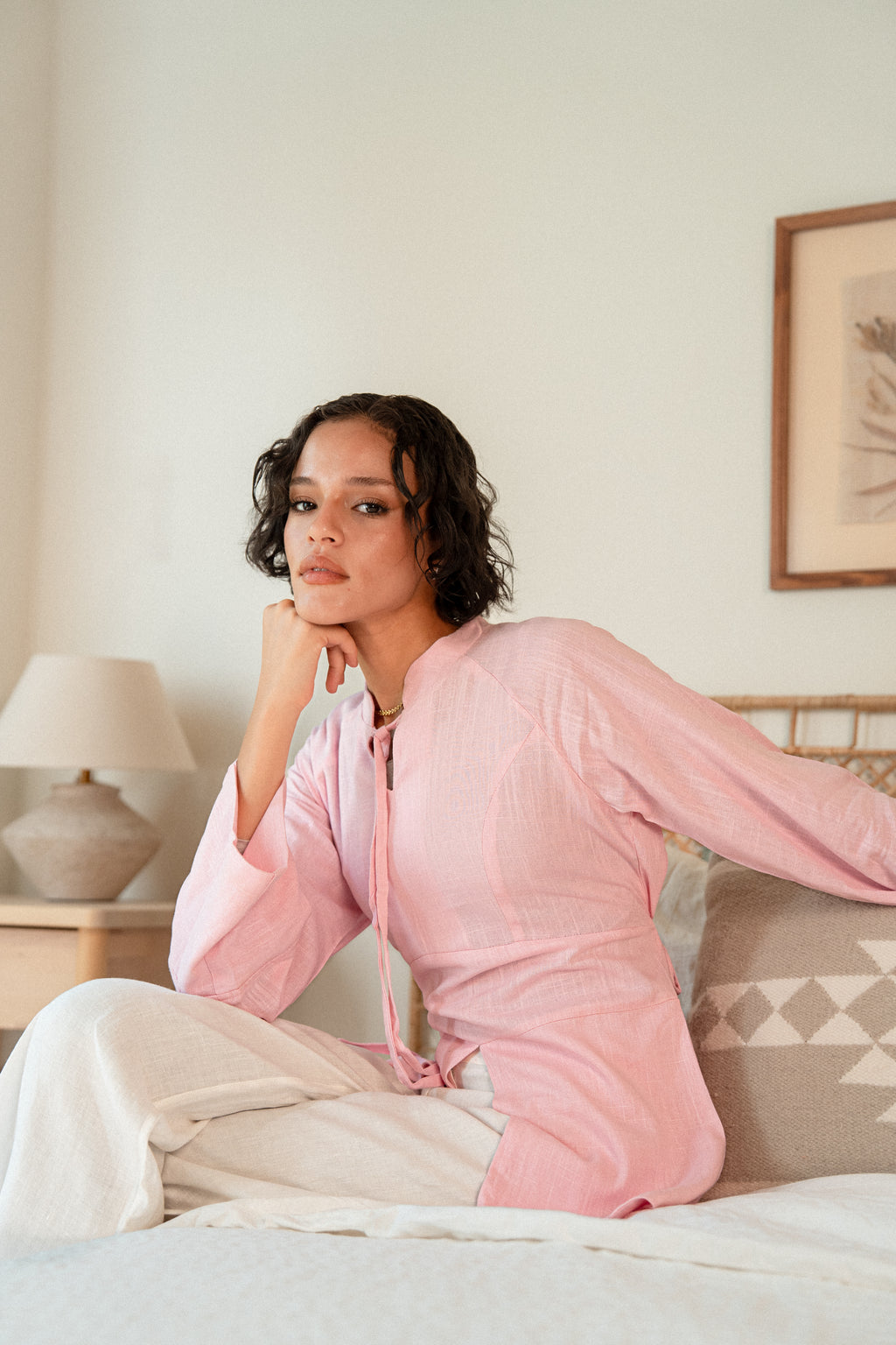 Cinched Linen Shirt in Powder Pink