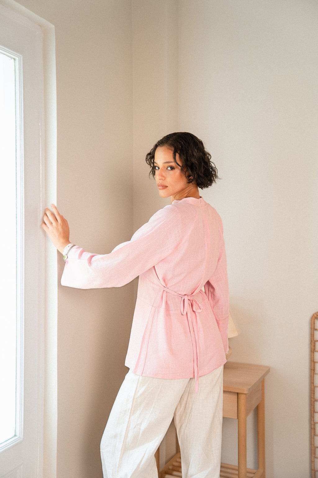 Cinched Linen Shirt in Powder Pink