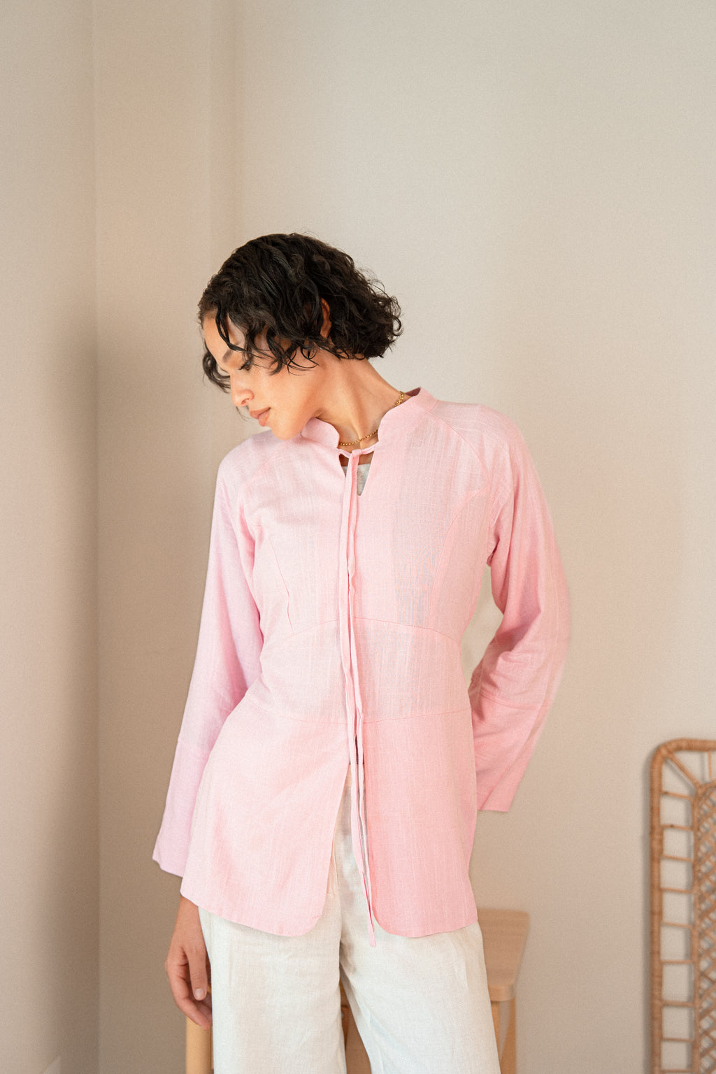 Cinched Linen Shirt in Powder Pink