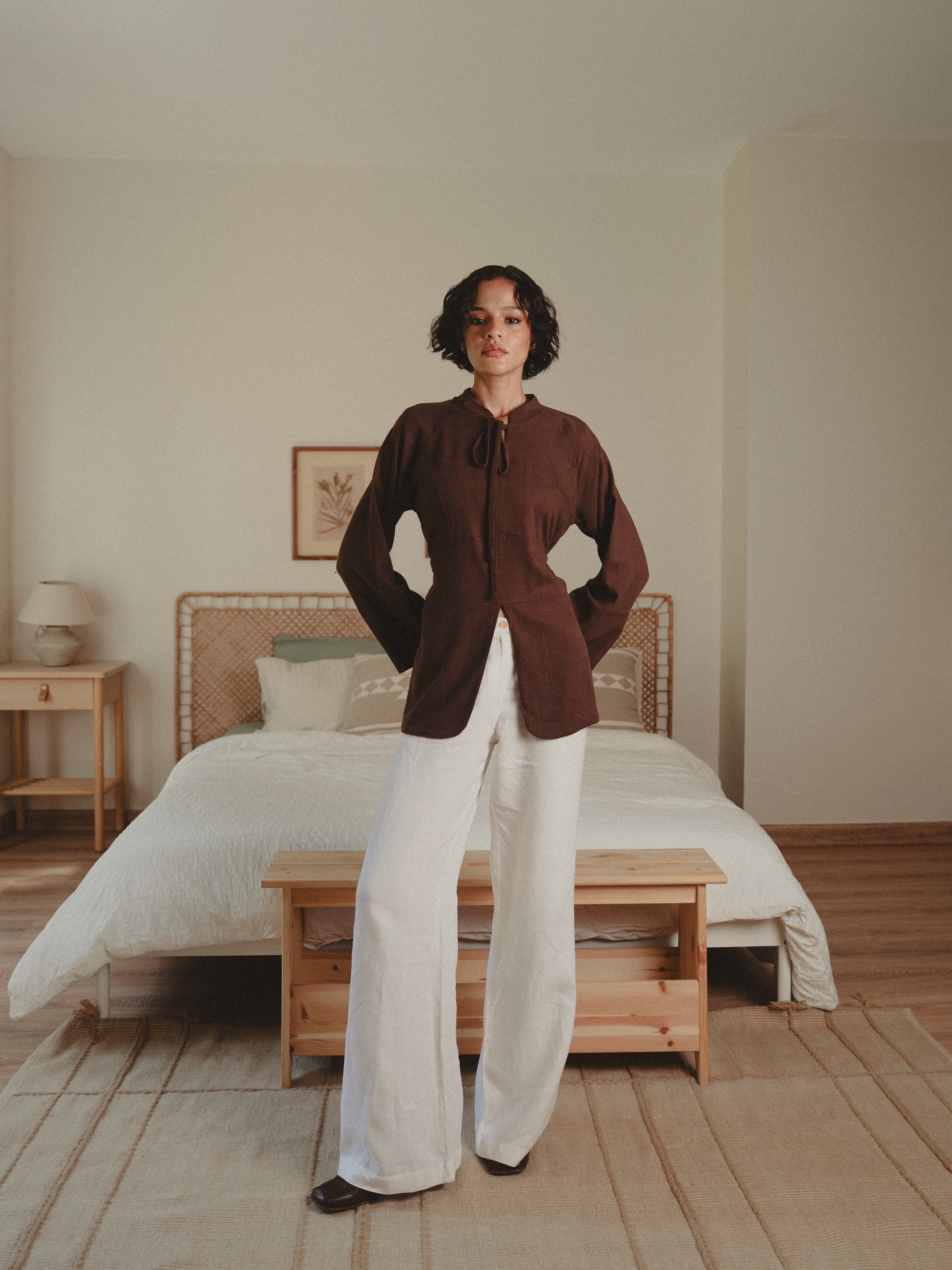 Cinched Linen Shirt in Brown