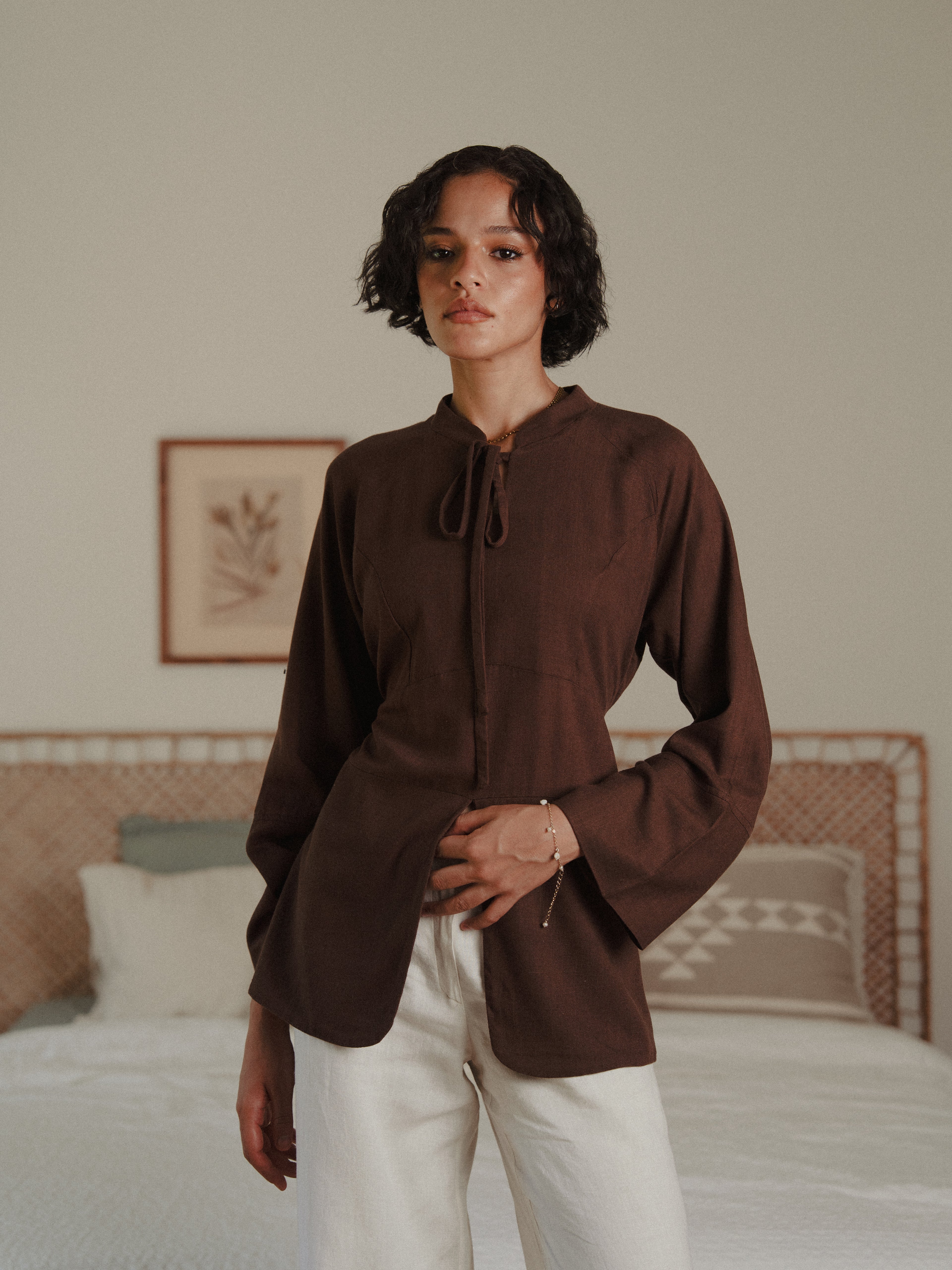 Cinched Linen Shirt in Brown