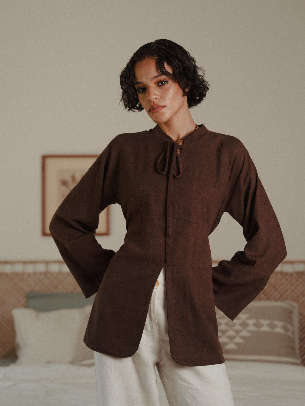 Cinched Linen Shirt in Brown