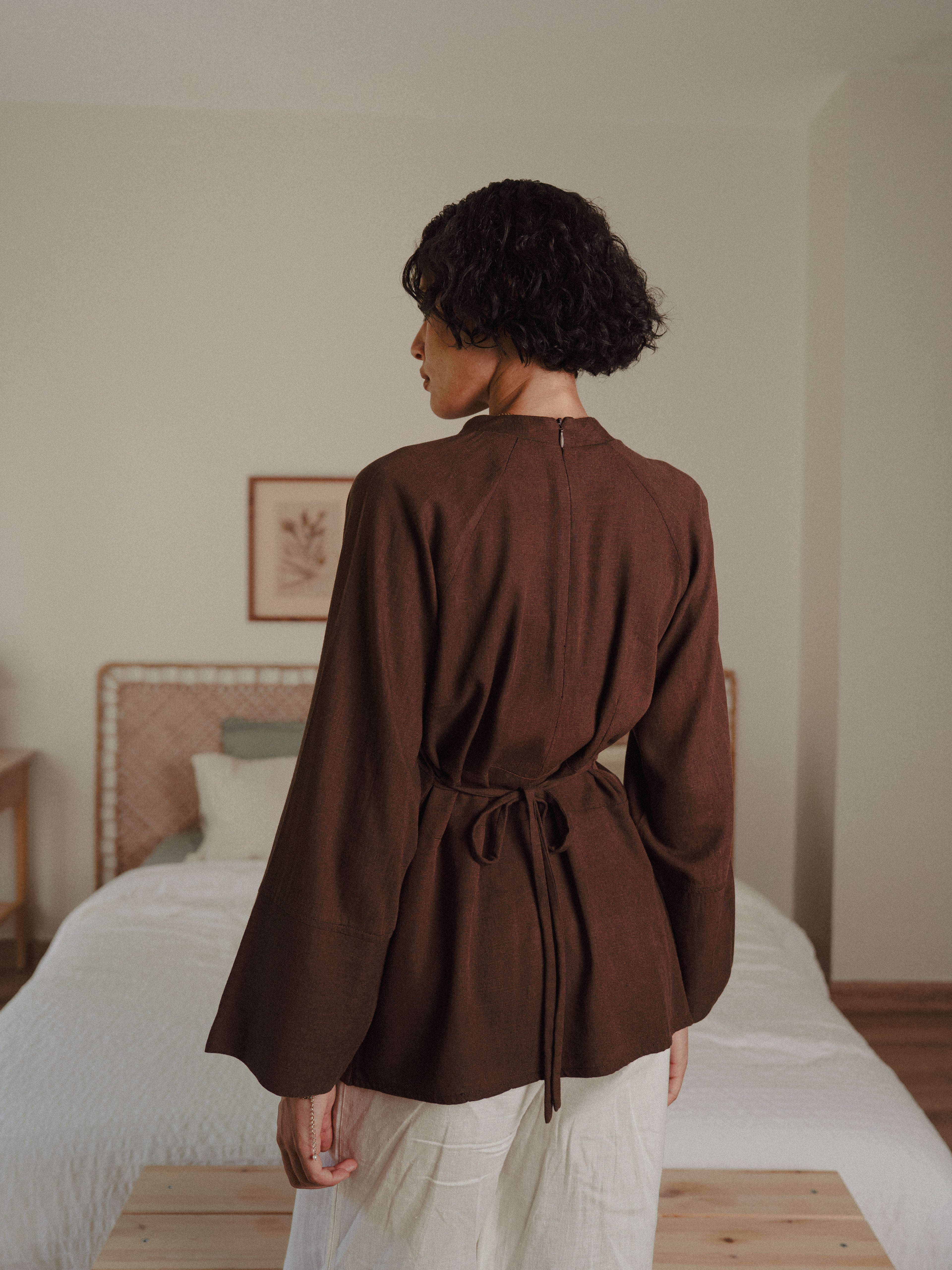 Cinched Linen Shirt in Brown