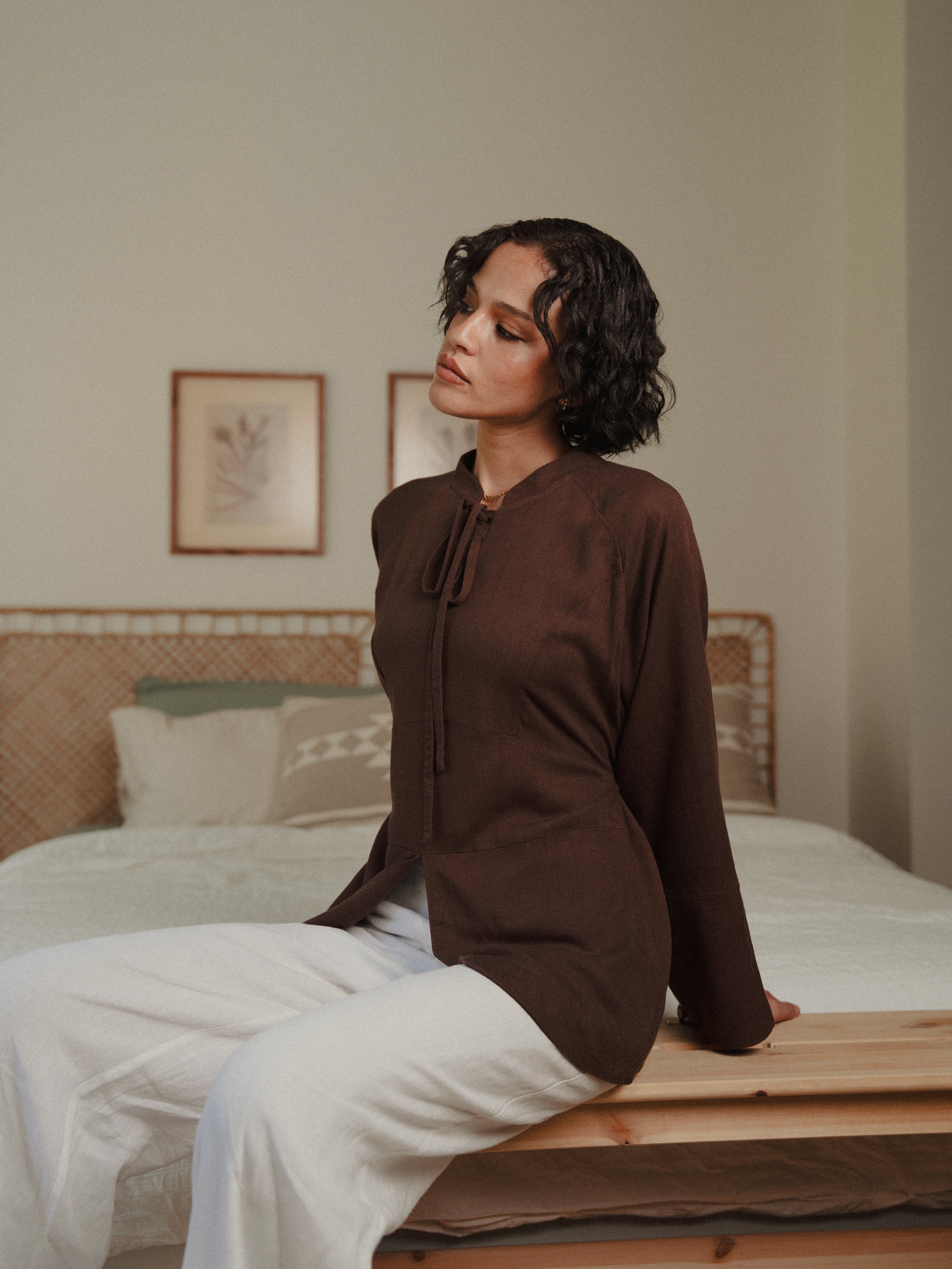Cinched Linen Shirt in Brown