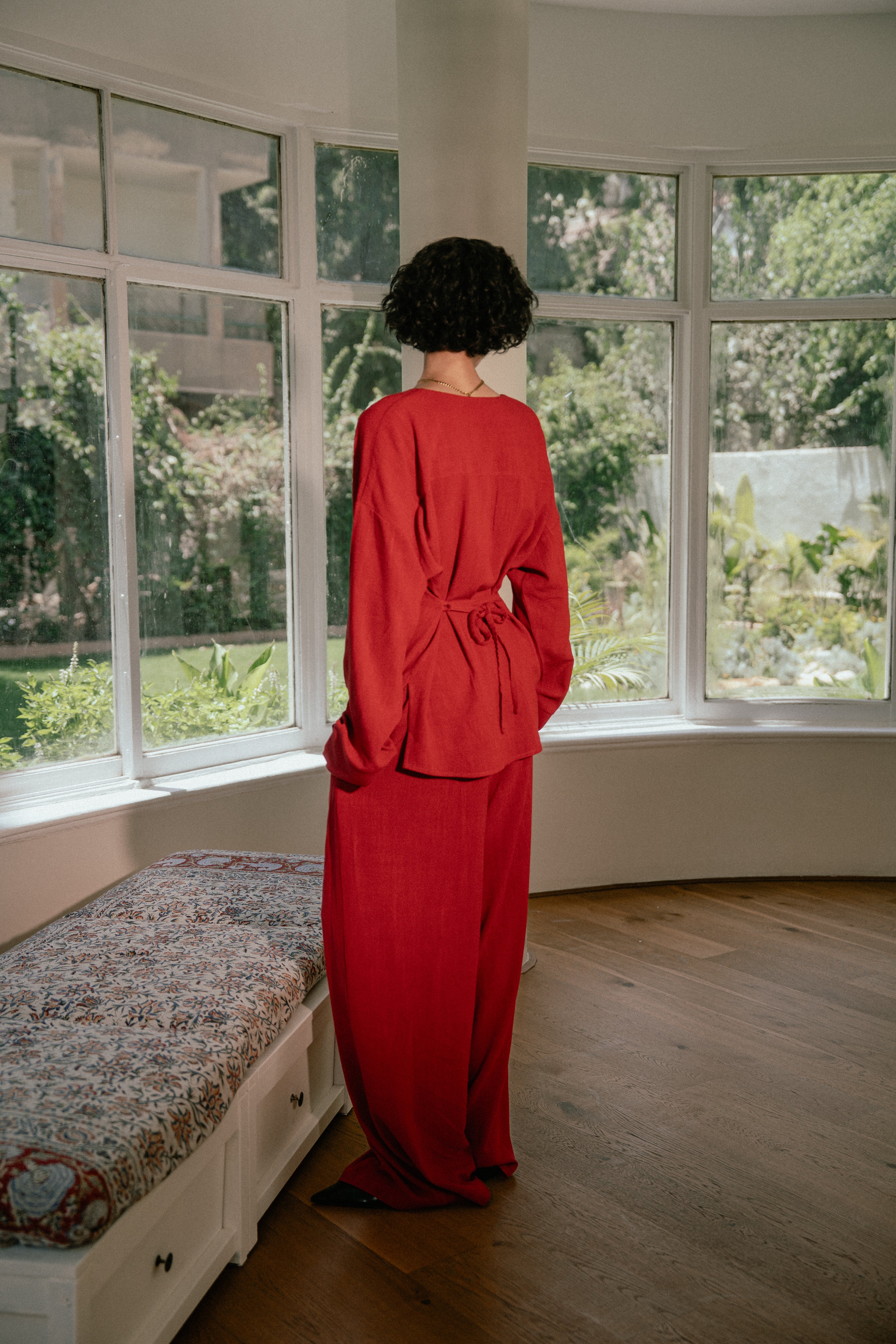 Relaxed Buttoned Linen Set in Red