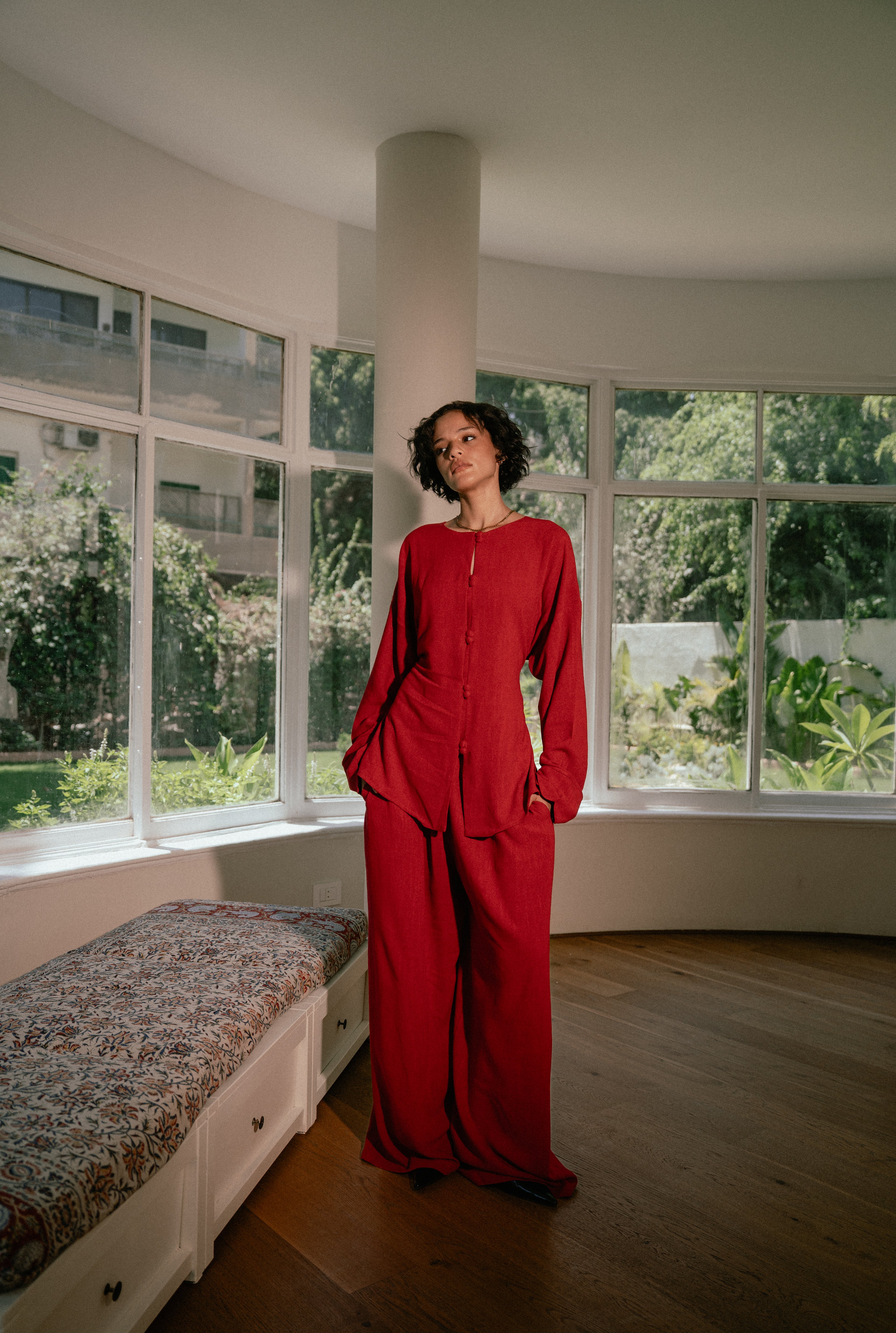 Relaxed Buttoned Linen Set in Red