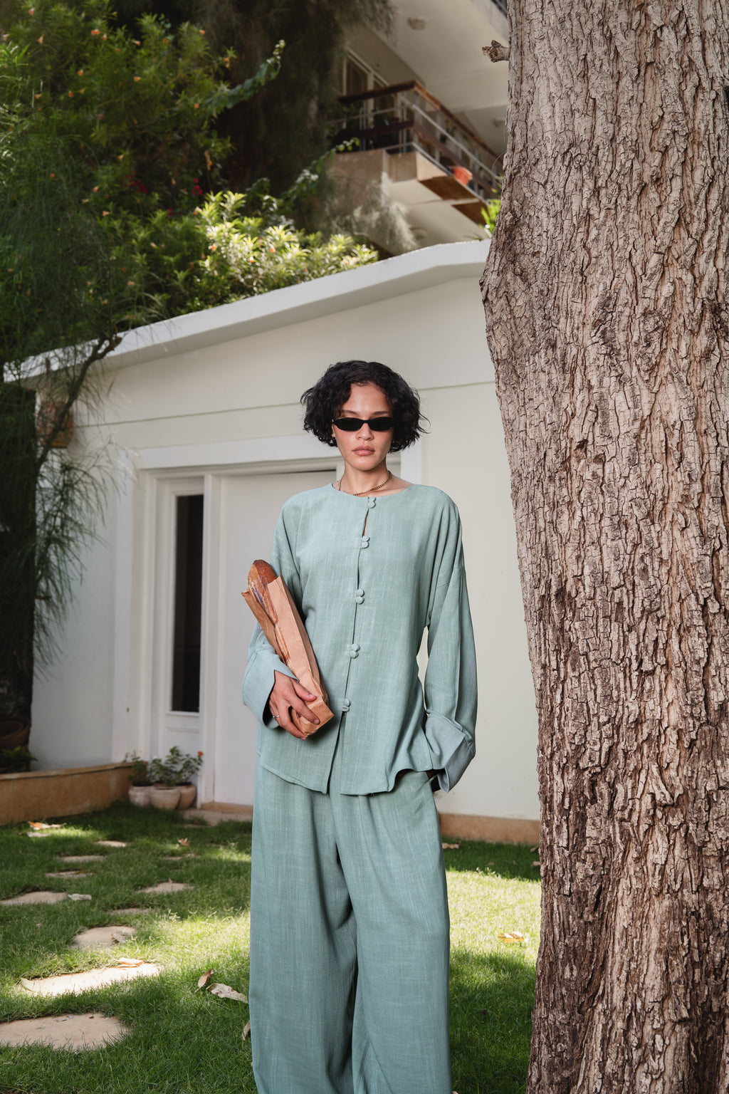 Relaxed Buttoned Linen Set in Ash Green