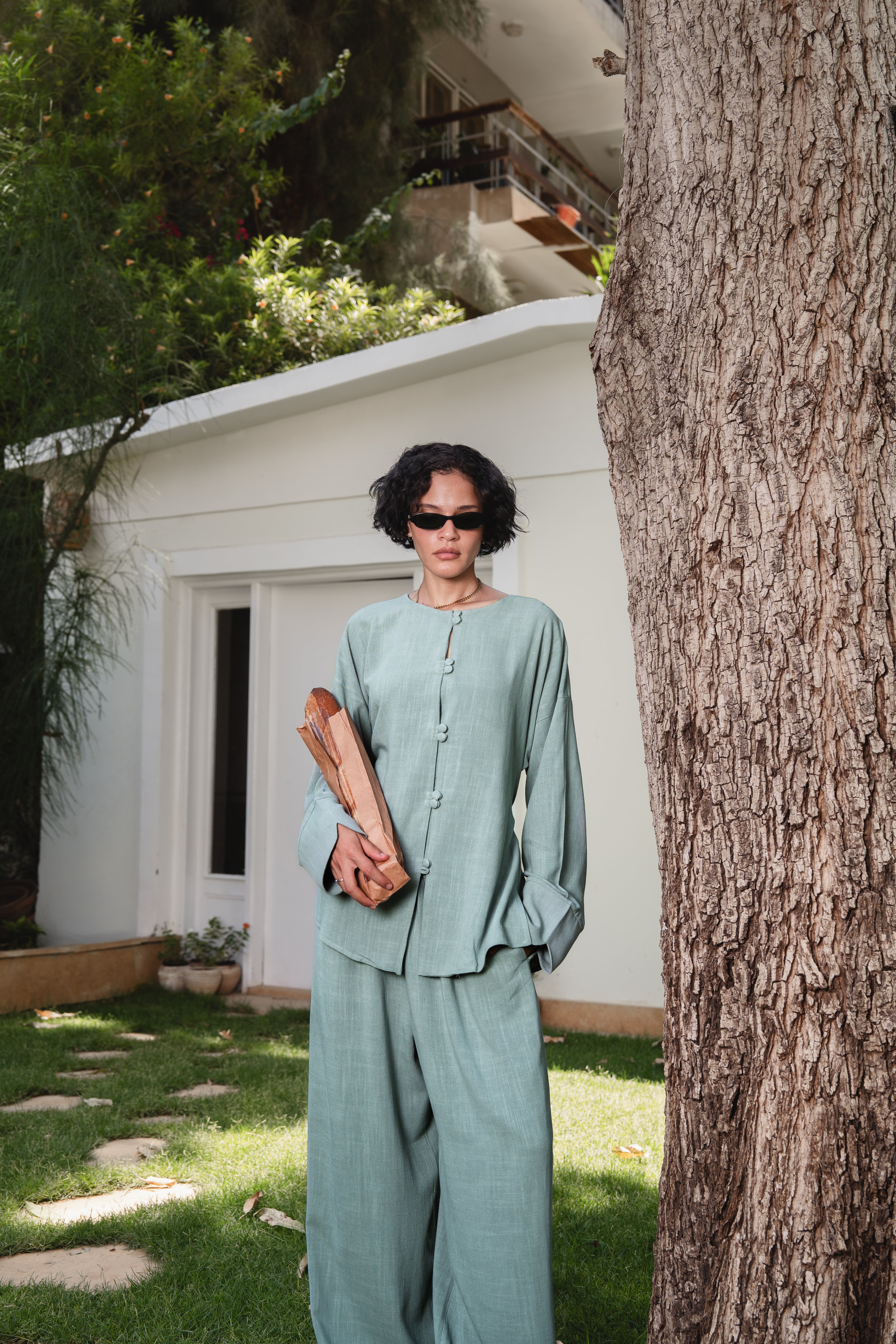 Relaxed Buttoned Linen Set in Ash Green
