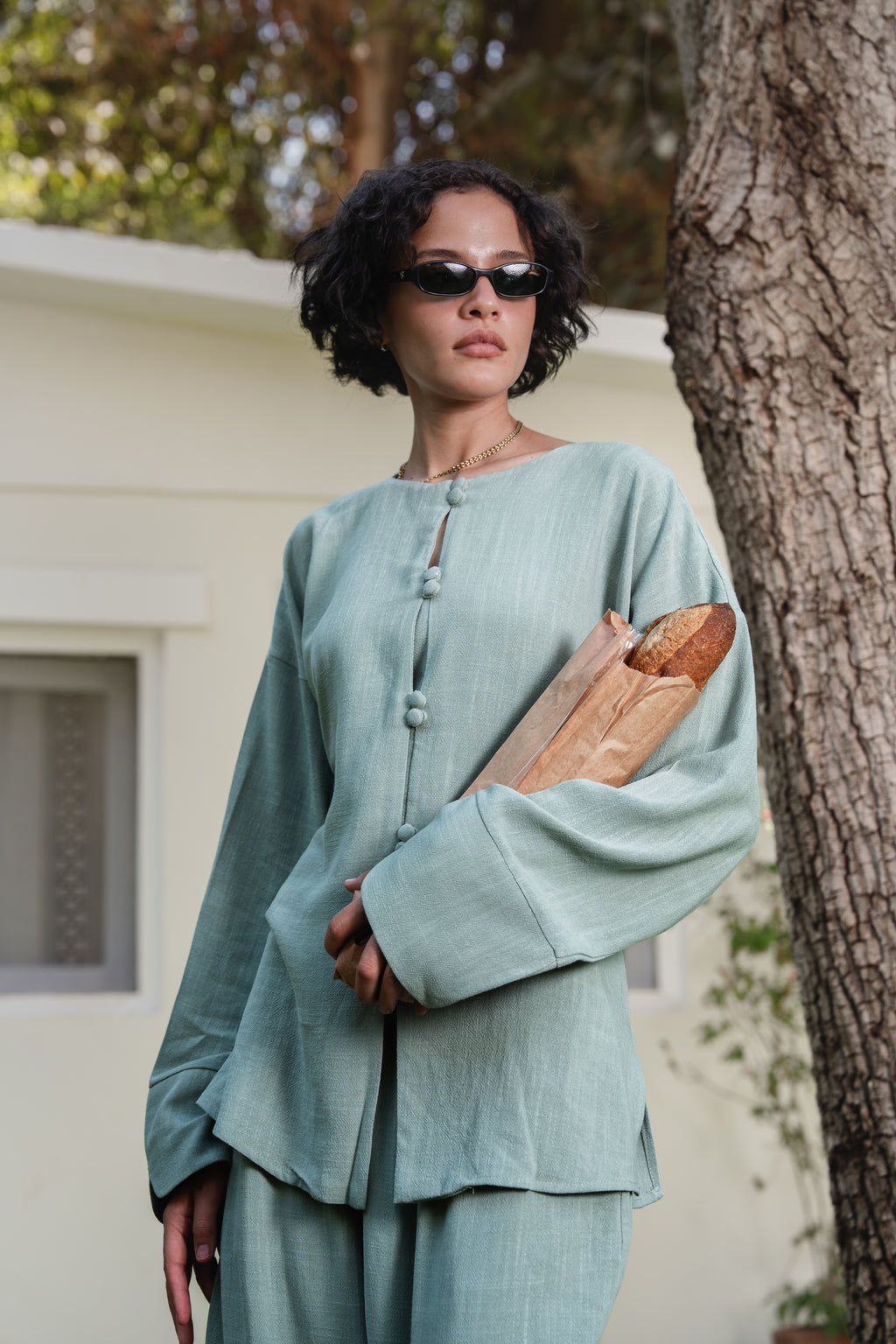 Relaxed Buttoned Linen Set in Ash Green